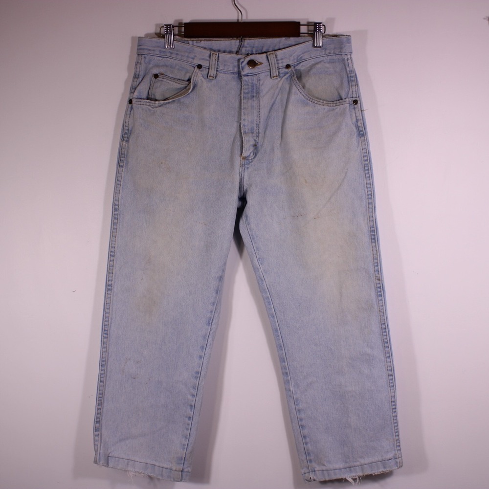 Vintage 80s Wrangler Jeans Mens 34x30 Light Blue 100% Cotton‎ Denim USA Stain
